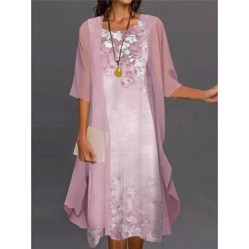 Women's Summer Casual Dress Two-piece Set Flowers Plants Printed Dresses