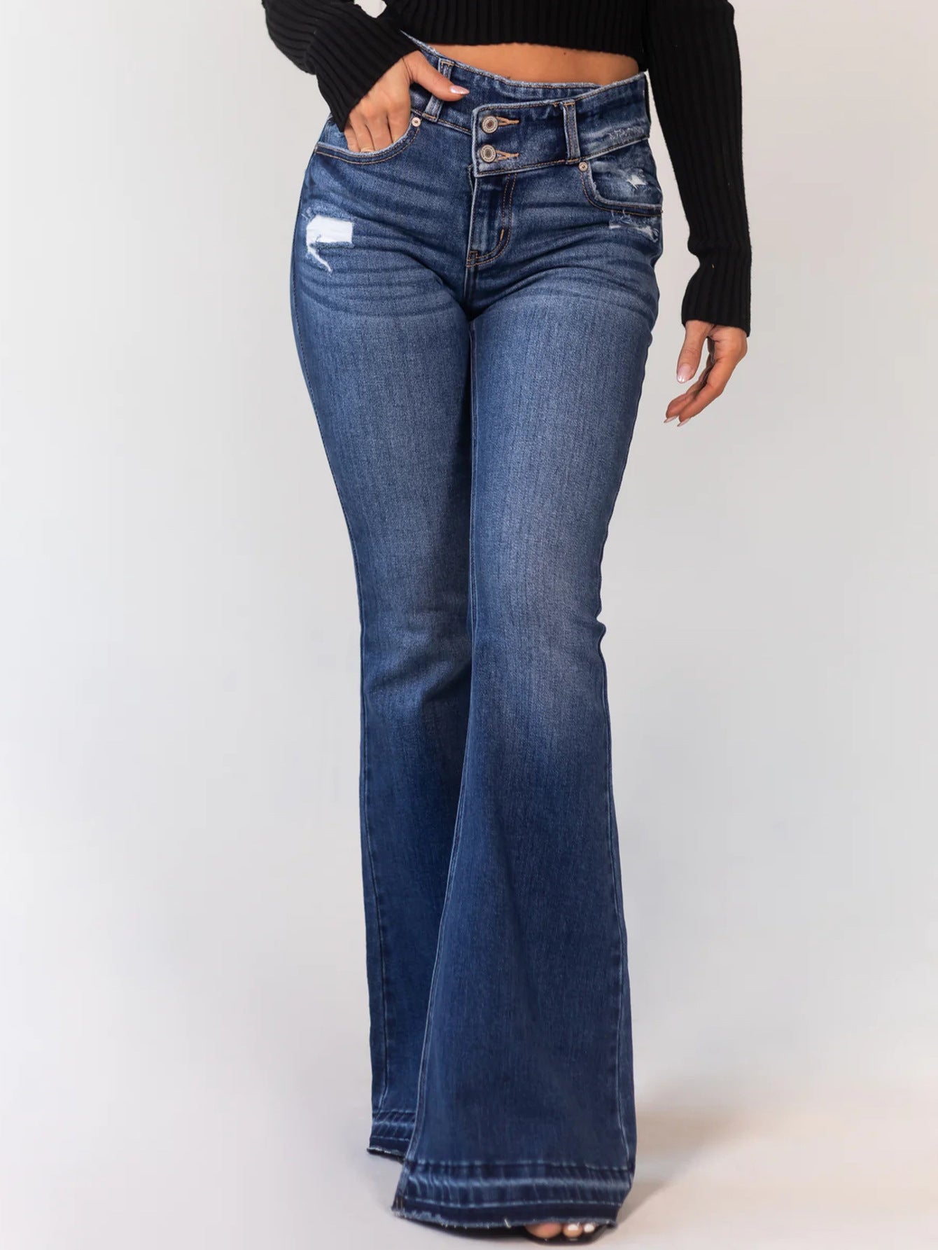 Women's Unique Ripped Button Stretch Bell-bottom Jeans
