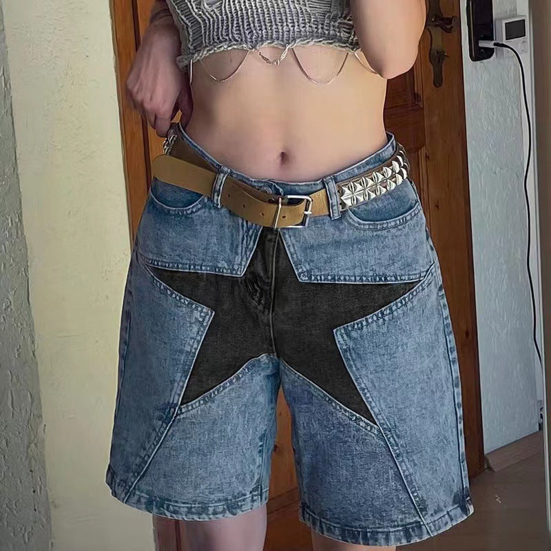 Women's Loose Contrast Color Five-pointed Star Patch Jeans