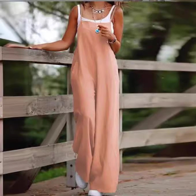 Women's Summer Solid Color Casual Pocket Sling Jumpsuits