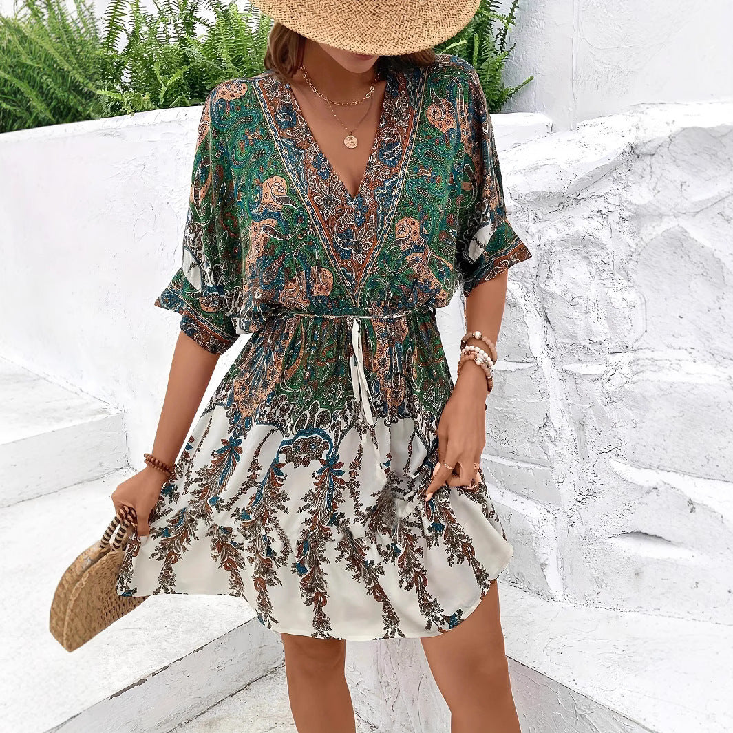 Retro Ethnic High Waist Big Swing Floral Bohemian Dress