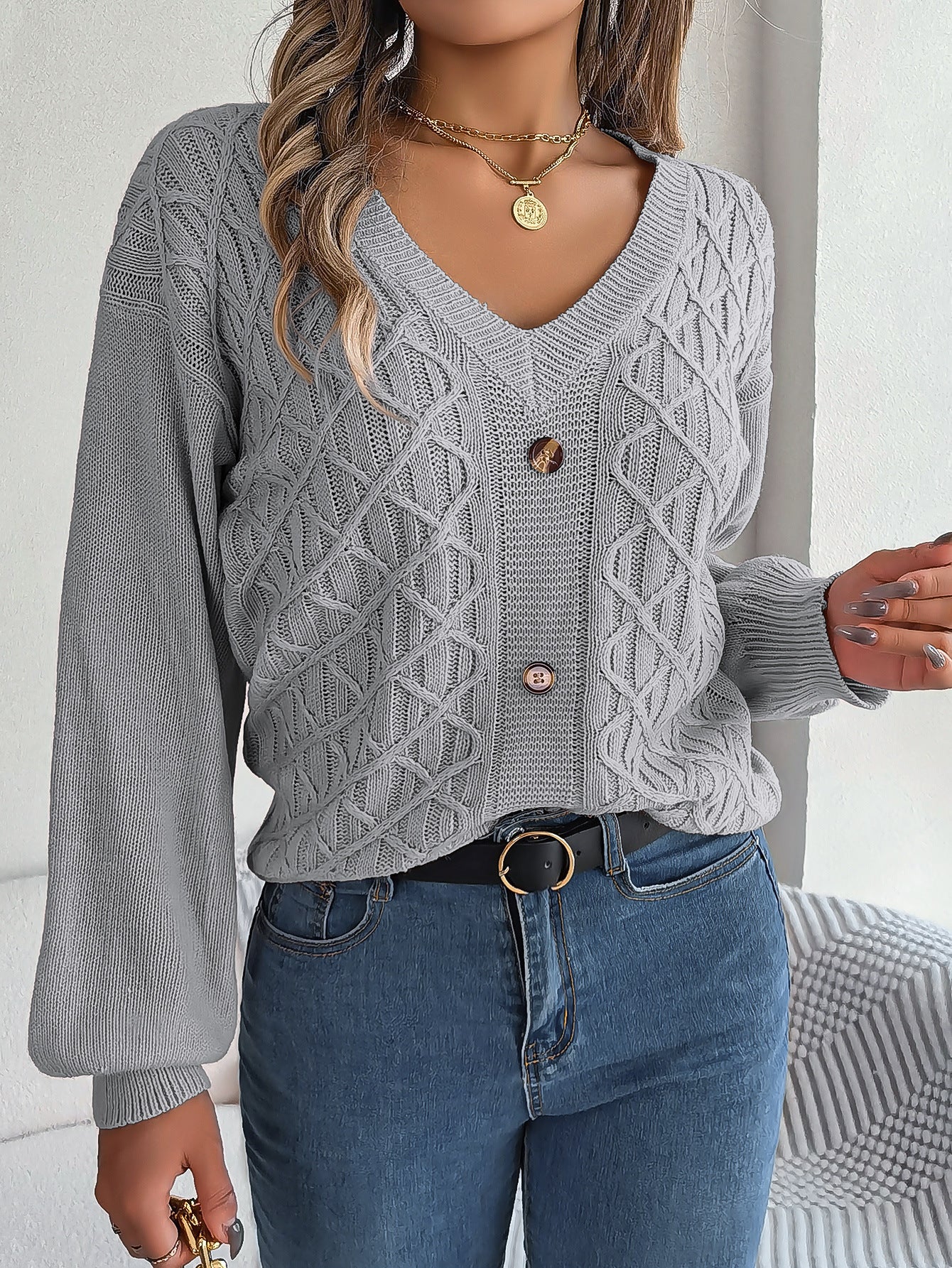 Women's Clearance Style Casual Button Twist Lantern Sleeve Sweaters