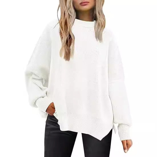 Women's Side Slit Round Neck Loose Solid Color Batwing Long Sweater