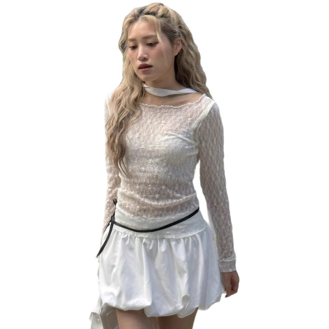 Women's Lightweight Long-sleeved Lace French Style Bandage Dress Blouses