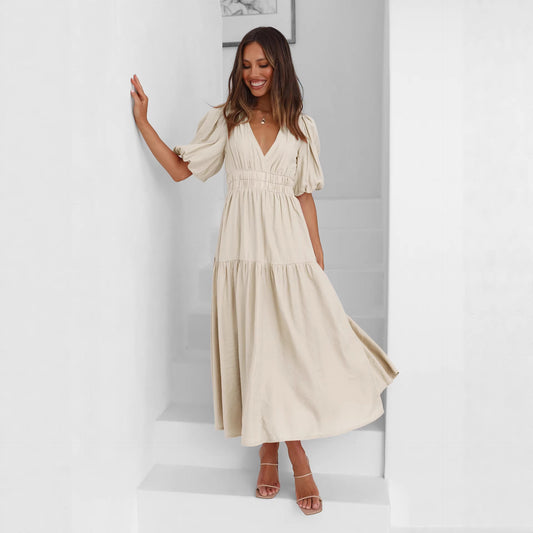 Women's Fashion Wear Summer High-grade Deep V Puff Sleeve Dress