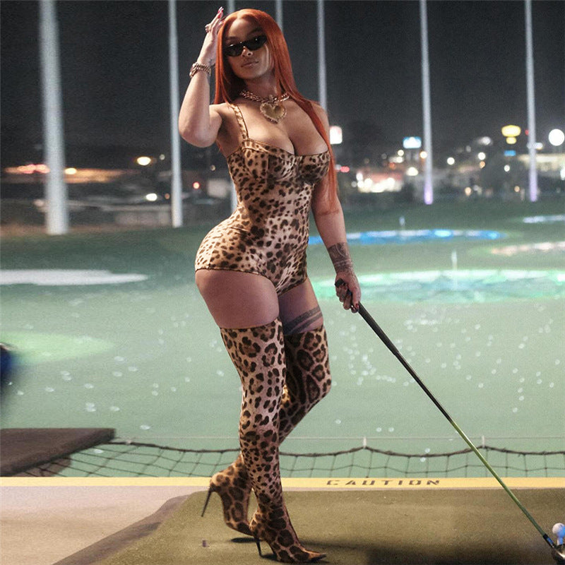 Women's Hot Contrast Color Animal Leopard Round Neck Jumpsuits