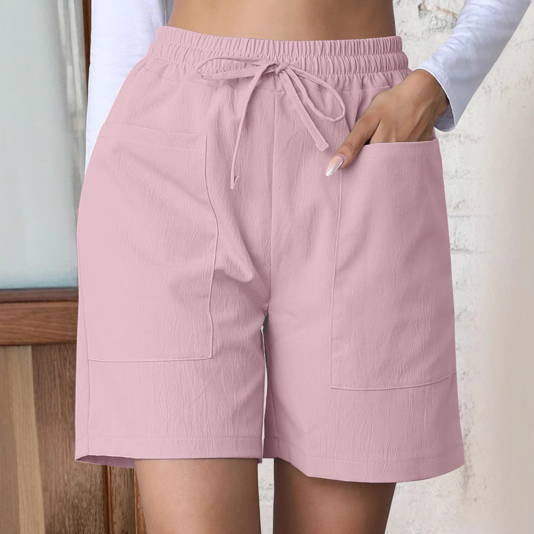 Women's Summer Loose Linen Leisure Pocket Solid Color Shorts