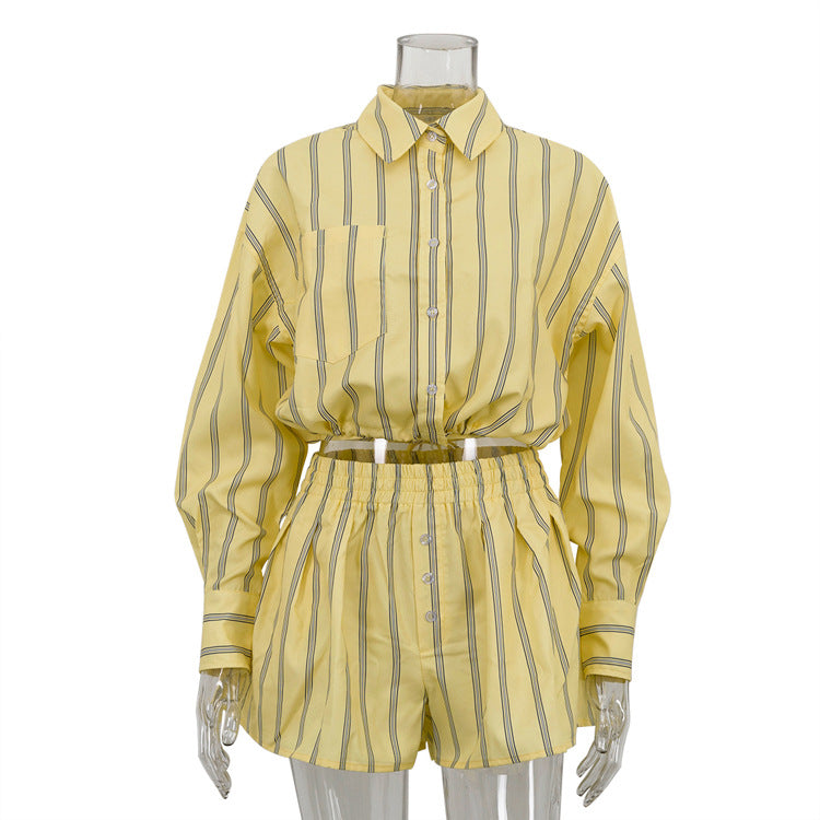 Women's Long Sleeve Striped Shirt Outfit Lapel Suits