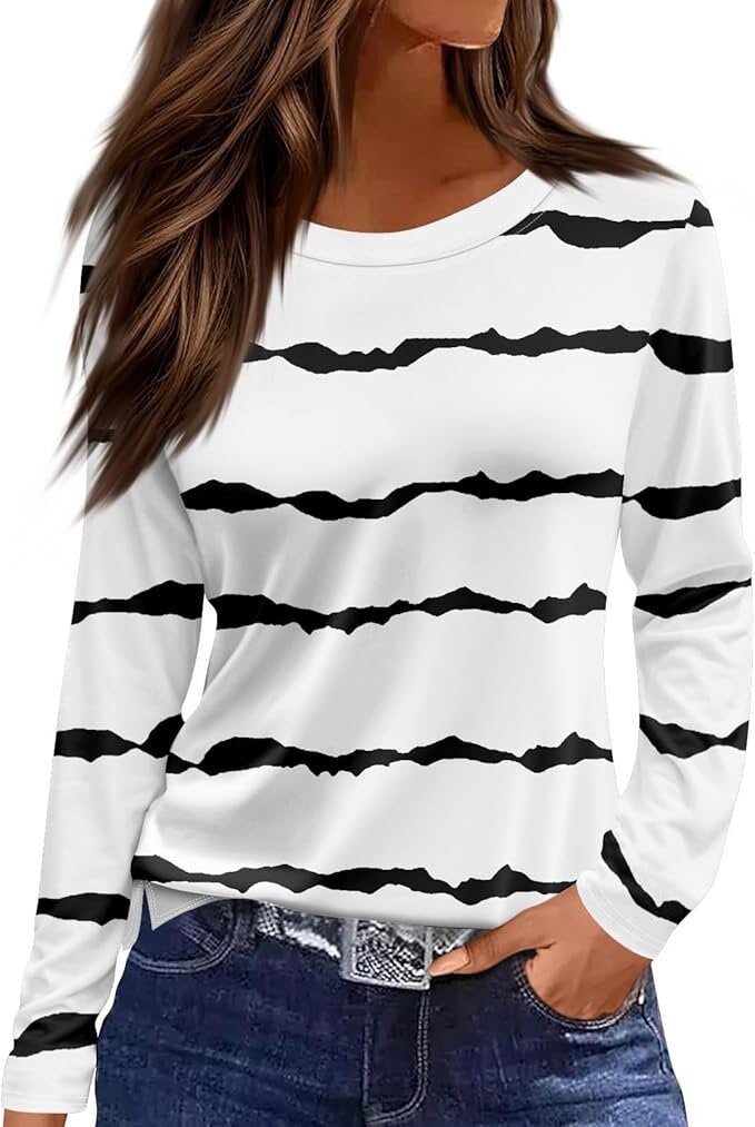 Women's Round Neck Printed Solid Color Long Blouses