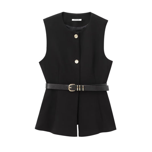 Women's Spring Round Neck Sleeveless With Belt Tops