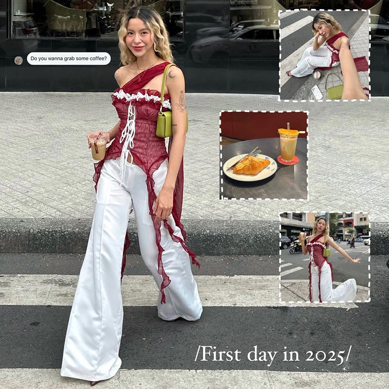 Women's Winter Sexy Street Strap Net Falbala Tops