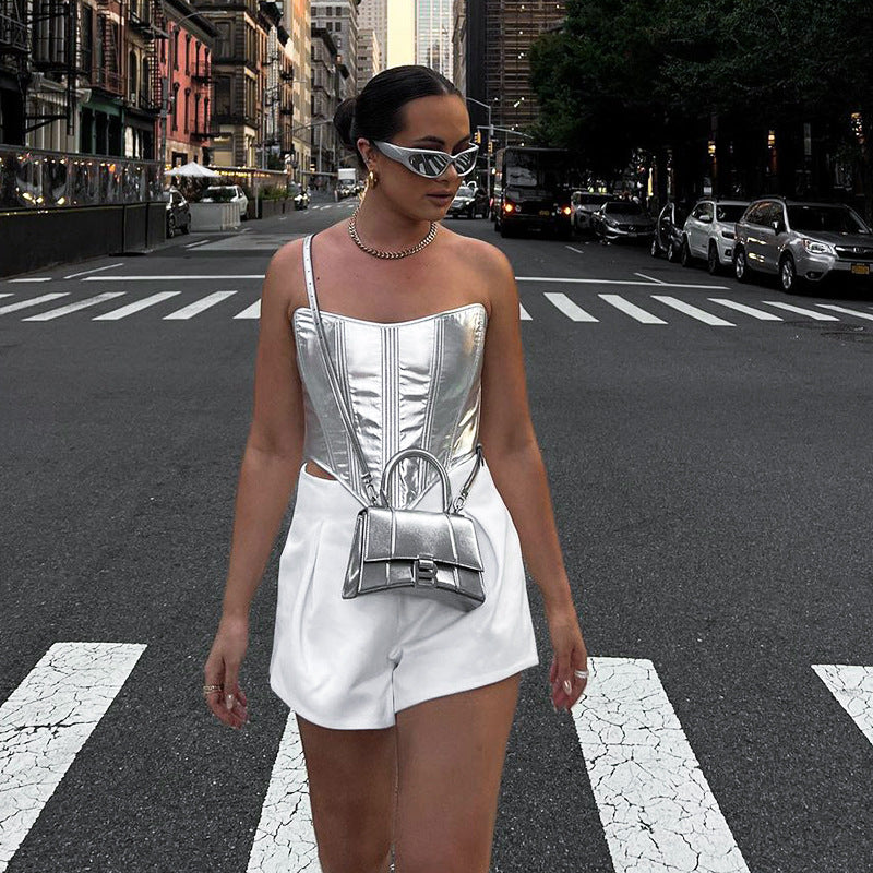 Women's Spring Fashion Metallic Waist Sexy Base Blouses