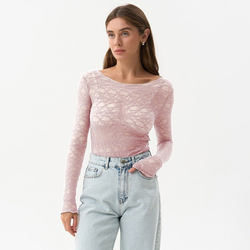 Women's Autumn Solid Color Round Neck Simple Sexy Lace Blouses
