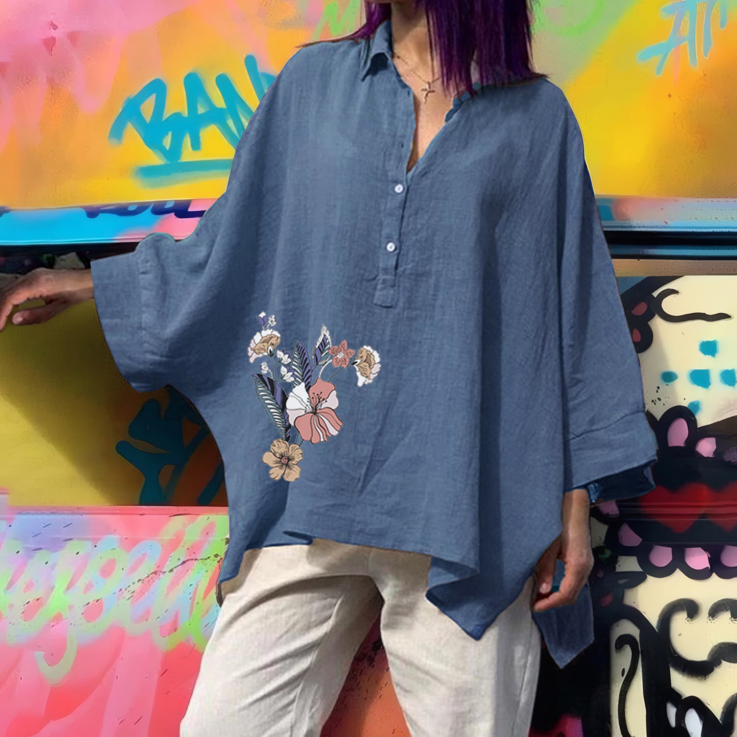 Women's Batwing Loose Cotton Linen Casual Blouses