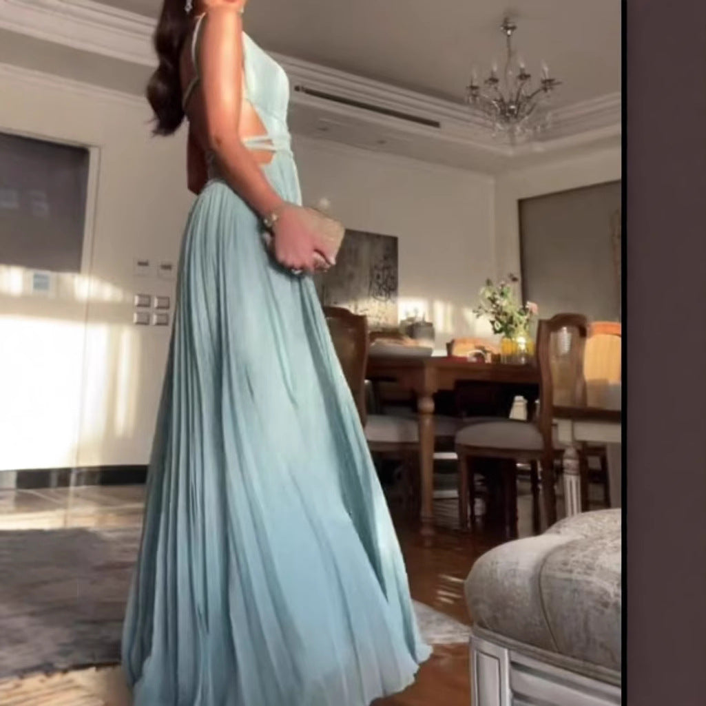 Summer Pleated Tie Sleeveless Backless Solid Dresses