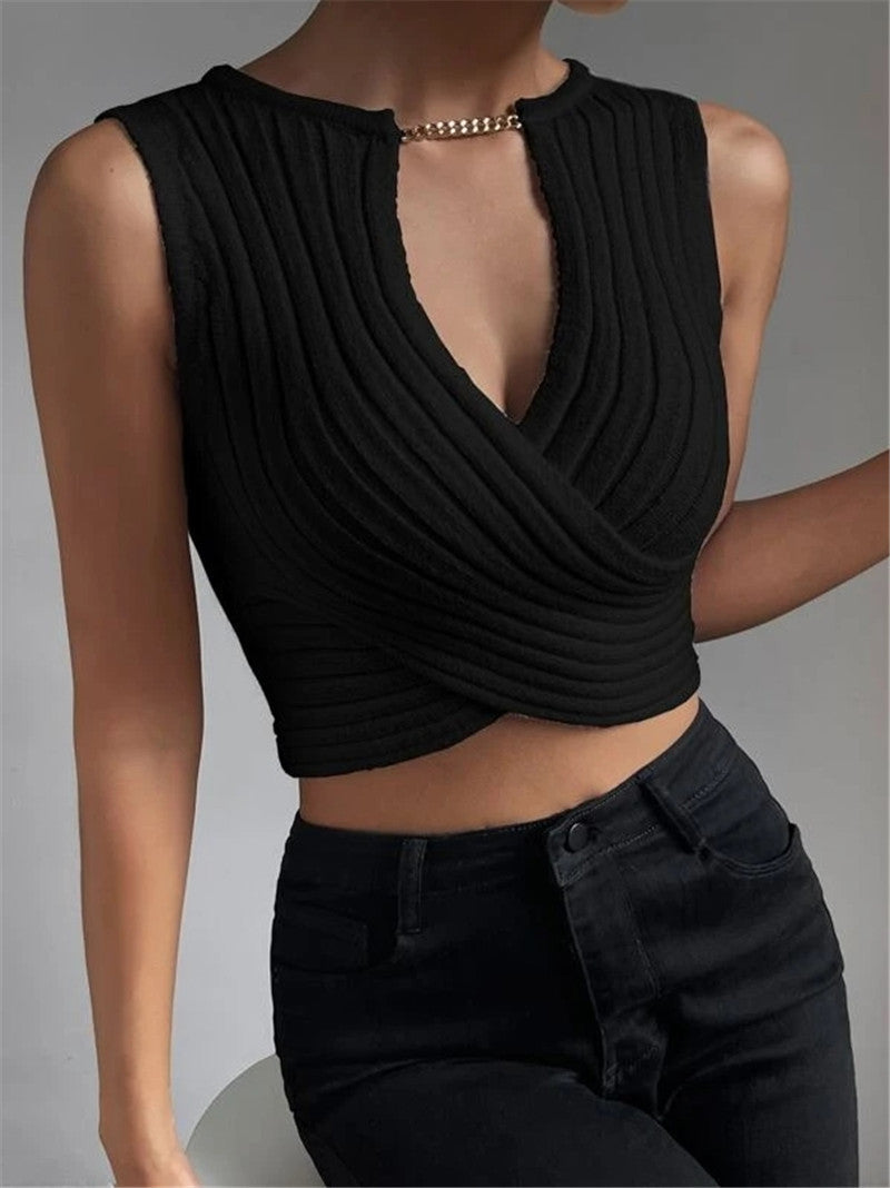 Chain Decorative Design Cross Knitted Bottoming Tops