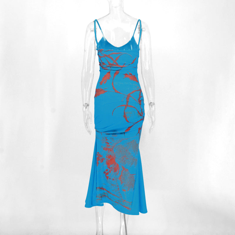Women's Printed Pleating Long Strap Dress For Dresses