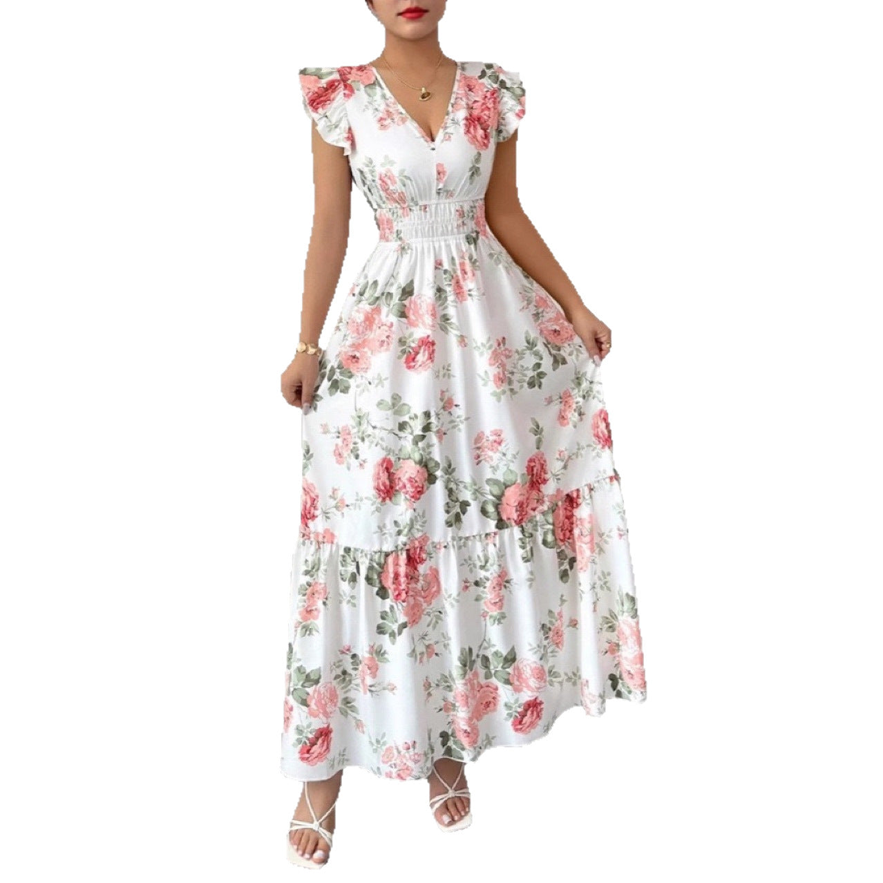 Women's Sleeveless Sleeve Elegant Graceful Printed Ruffle Plant Dress
