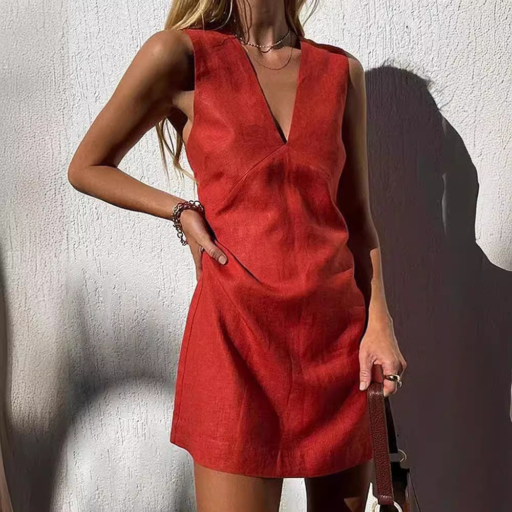 Women's Linen Sleeveless Dress Summer Basic Solid Dresses
