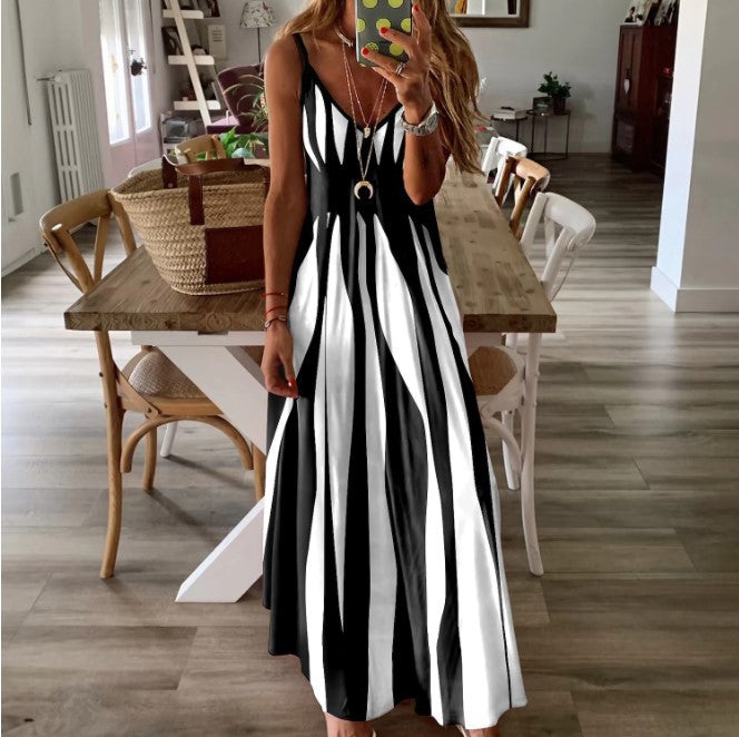 Women's Summer Fashion Striped Loose Sling Printing Dress