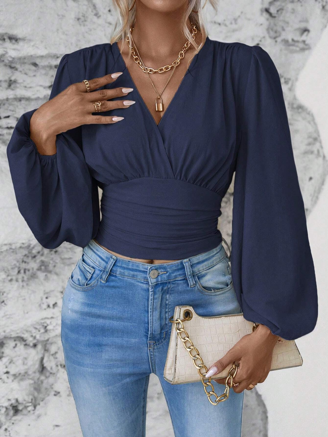 Women's Fashion Tight Waist Sleeve Solid Color Blouses