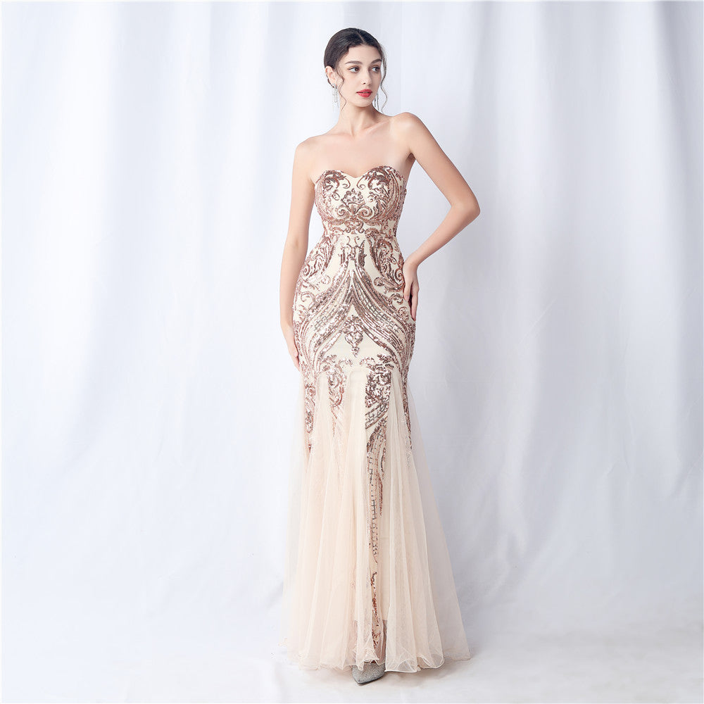 Flower Cut Mesh Sequin Dinner Toast Evening Dresses