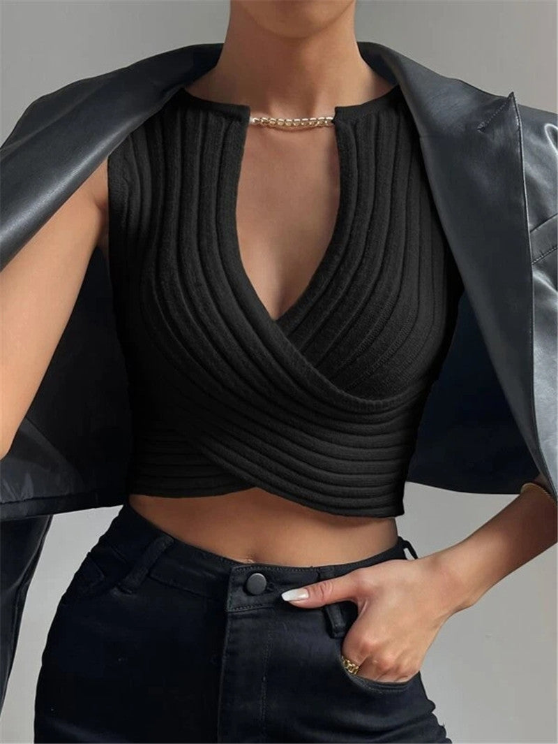 Chain Decorative Design Cross Knitted Bottoming Tops