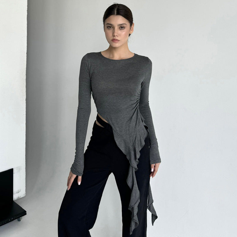 Women's Autumn Solid Color Round Tie Ruffled Blouses