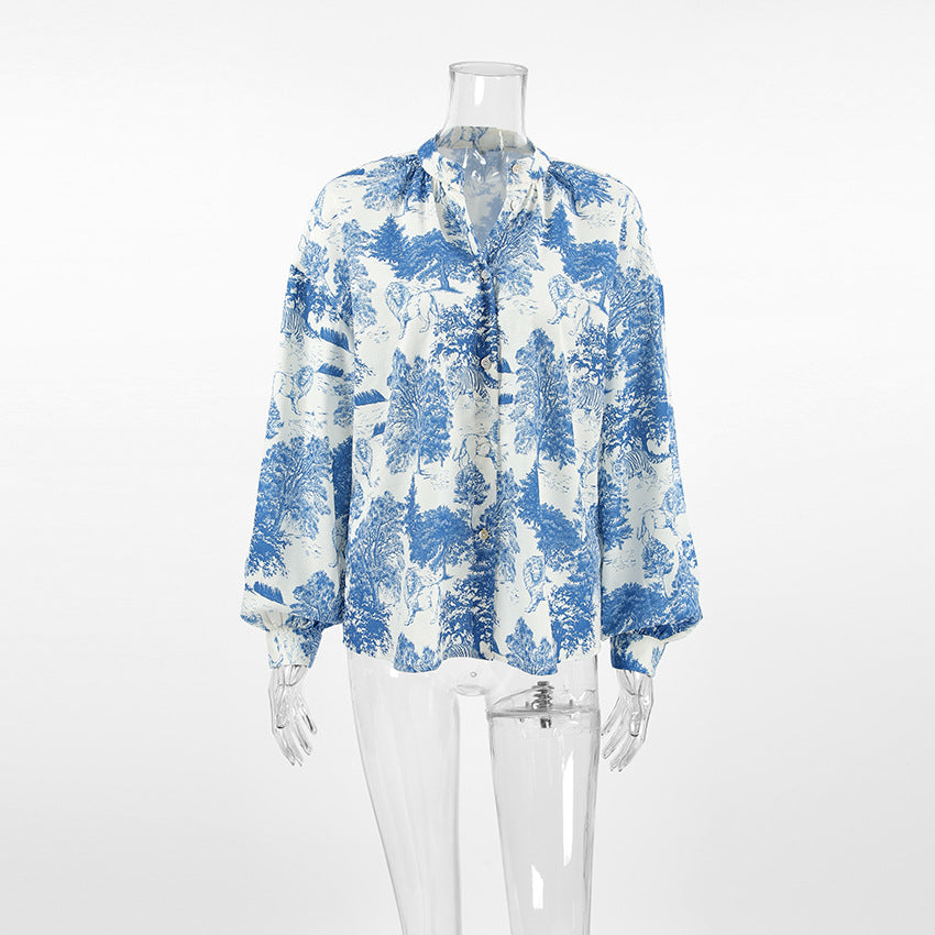 Women's Fashion Stand Collar Long Sleeve Loose Shirt Versatile Casual Blouses
