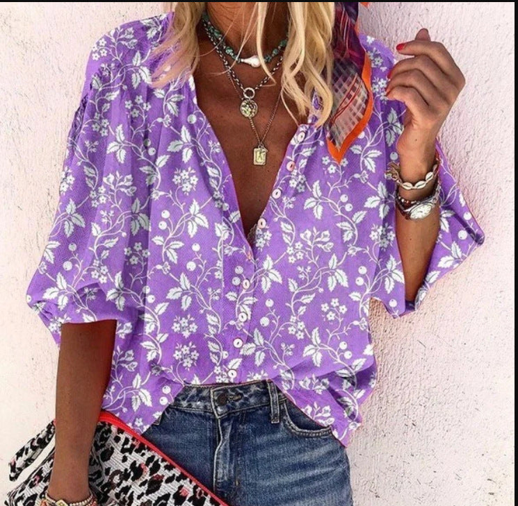 Women's Fashion Summer Stand Collar Loose Button Retro Blouses