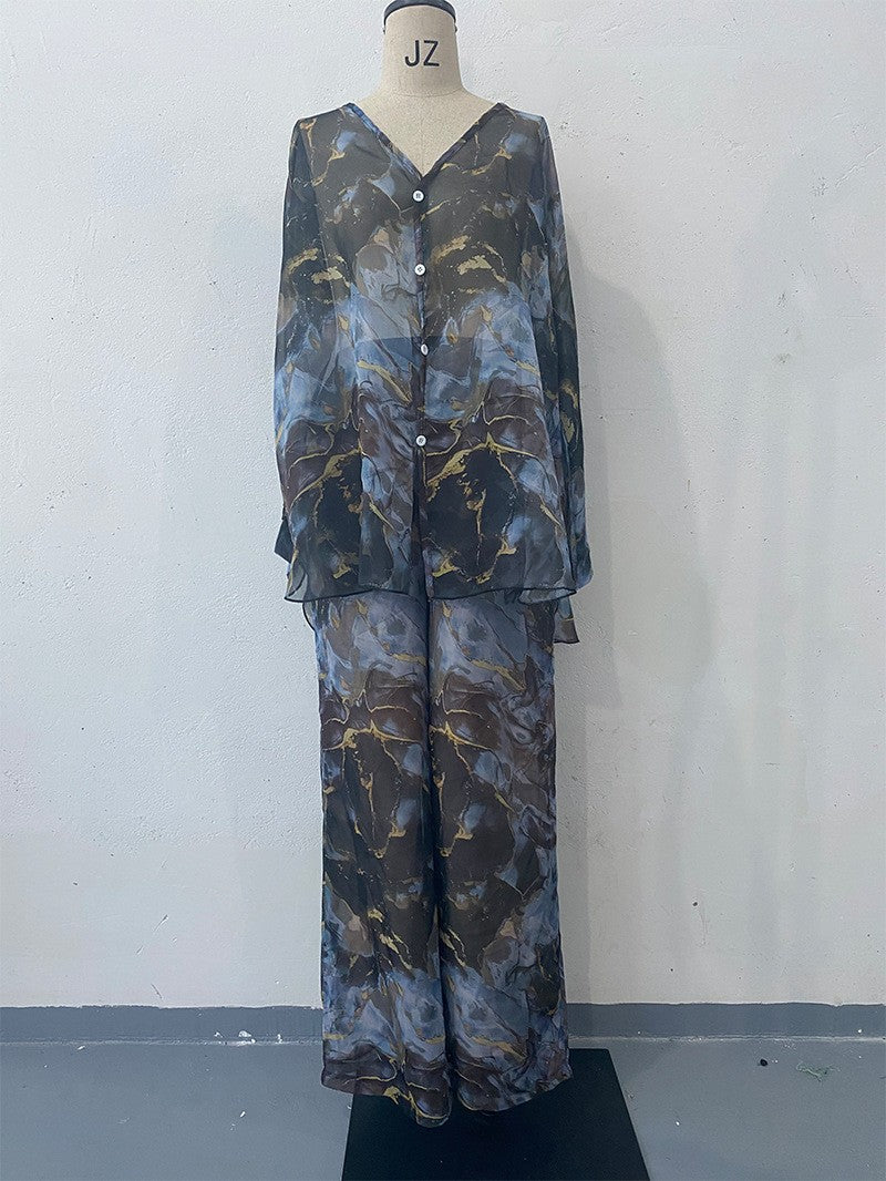 Women's Spring Fashion Printed Shirt Wide Leg Suits