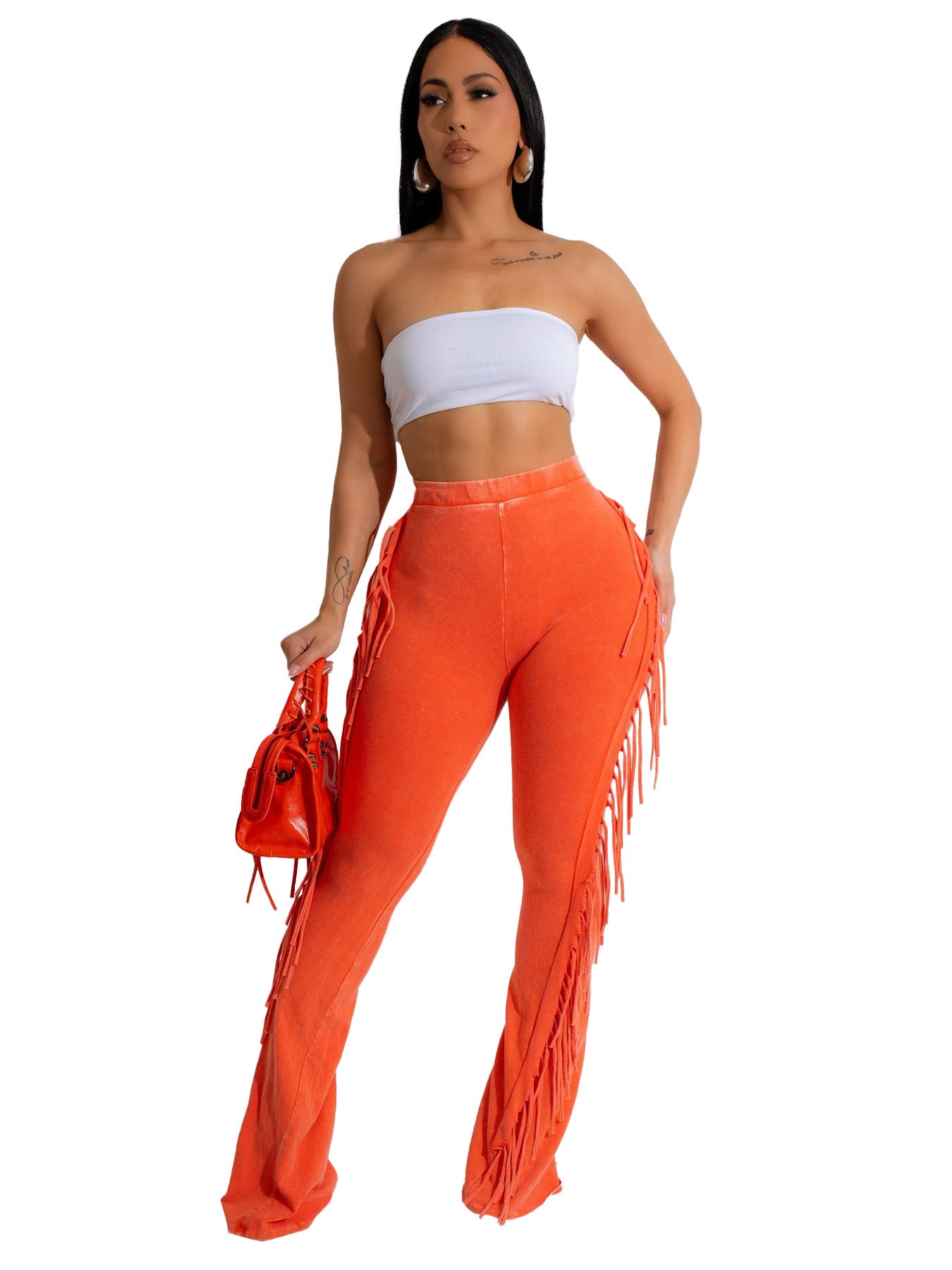Women's Casual Cotton Washed Distressed Tassel Stretch Pants