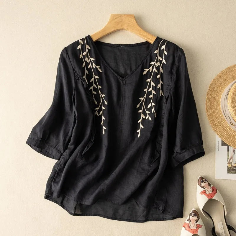 Summer Embroidered Cotton Linen Loose Temperament Artistic Retro Cropped Tops
