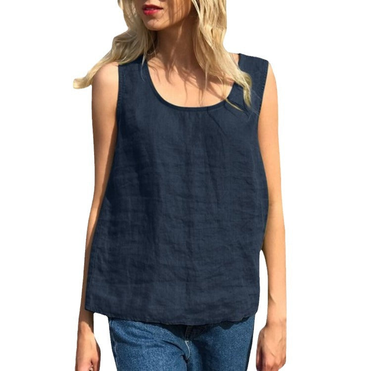 Women's Cotton Linen Summer Solid Color Round Tops