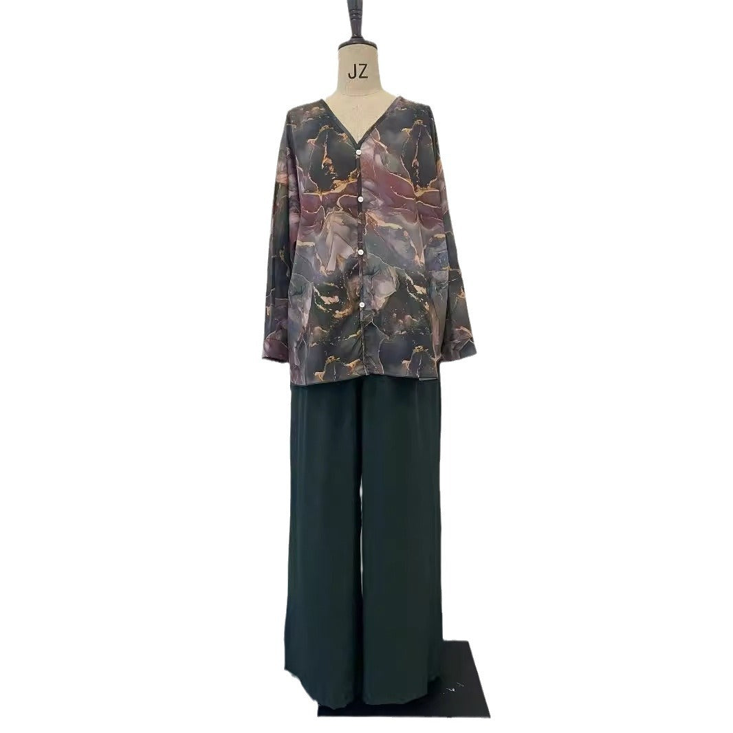 Women's Spring Fashion Printed Shirt Wide Leg Suits