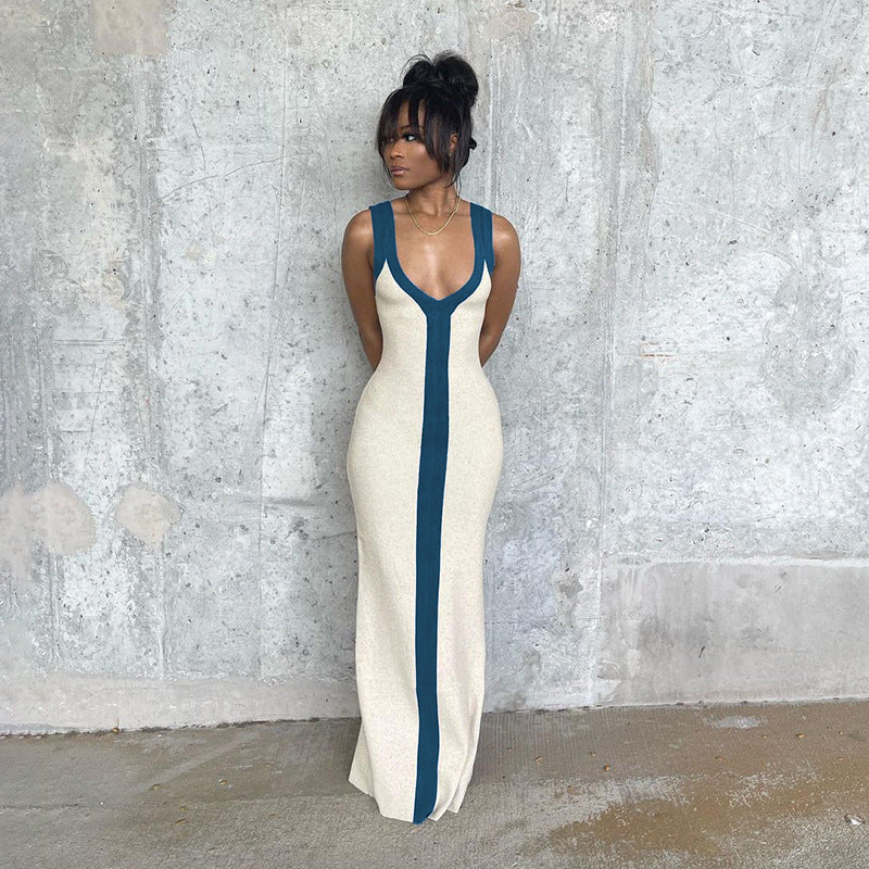 Women's Wide Shoulder Strap Contrast Color Elegant Dresses