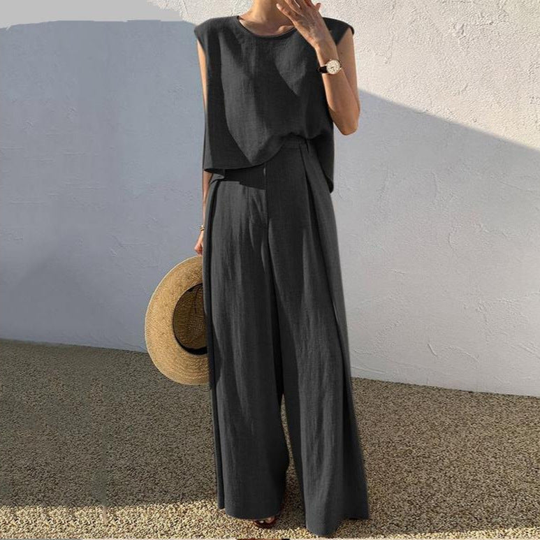 Women's Casual Loose Two-piece Sleeveless Wide Leg Pants