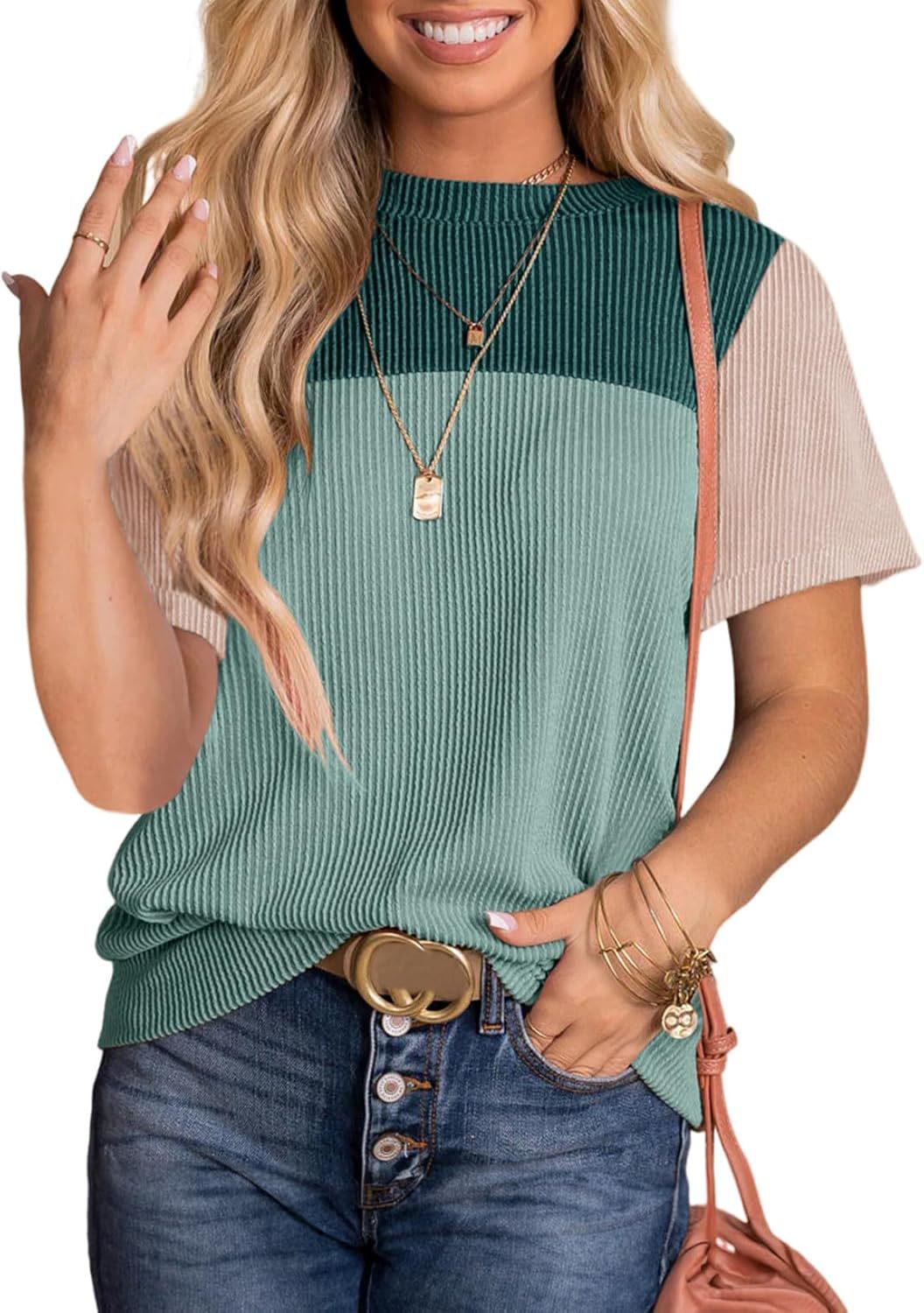 Women's Summer Stitching Stripe Short-sleeved T-shirt Pullover Blouses