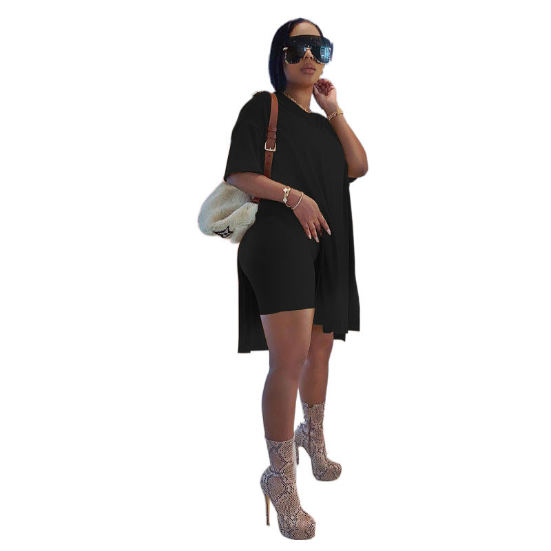 Summer Short-sleeved Solid Color Mid-length Split Suits