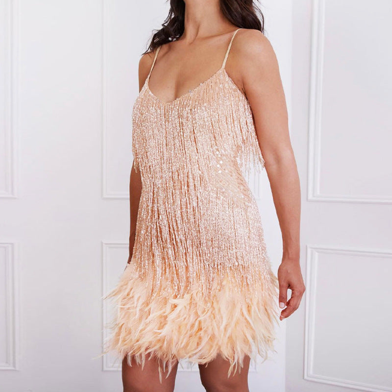 Women's Shiny Tassel Feather Sequins Dress Sexy Dresses