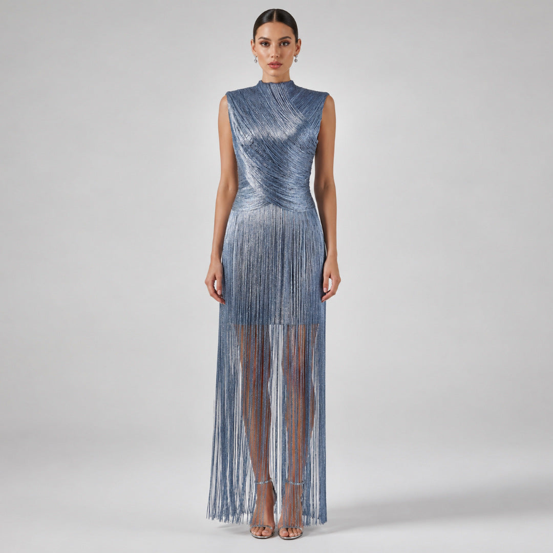 Women's Sleeveless Sier Tassel Bandage Banquet Party Dress