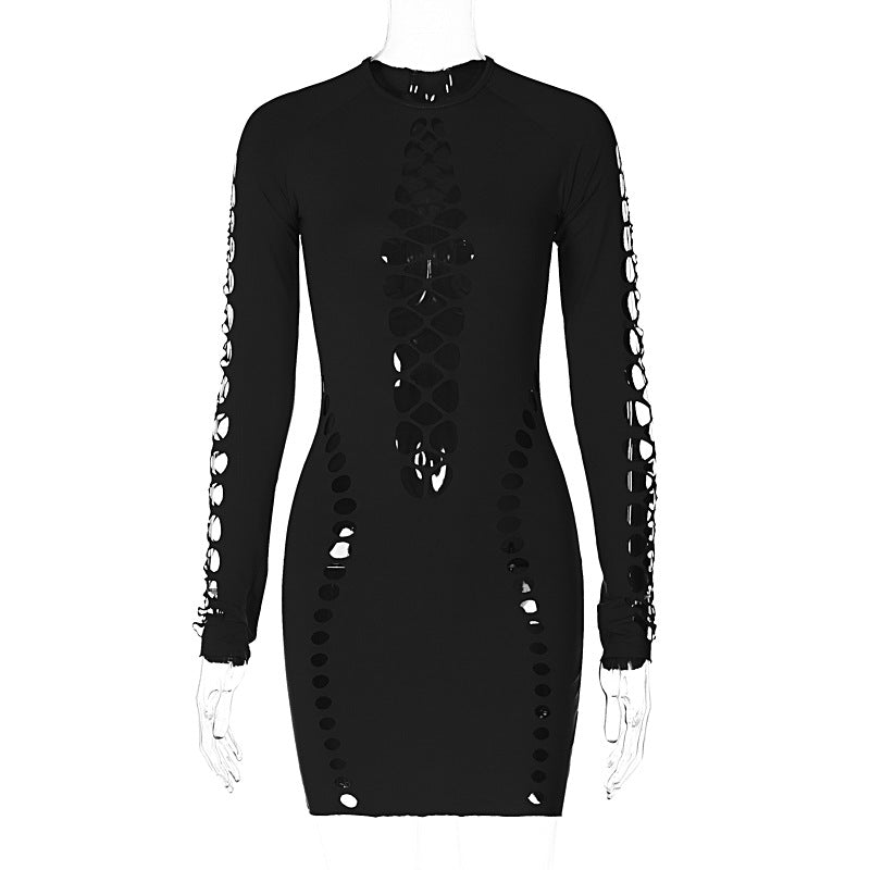 Women's Solid Color Sexy Hollow Long-sleeved Close-fitting Dresses