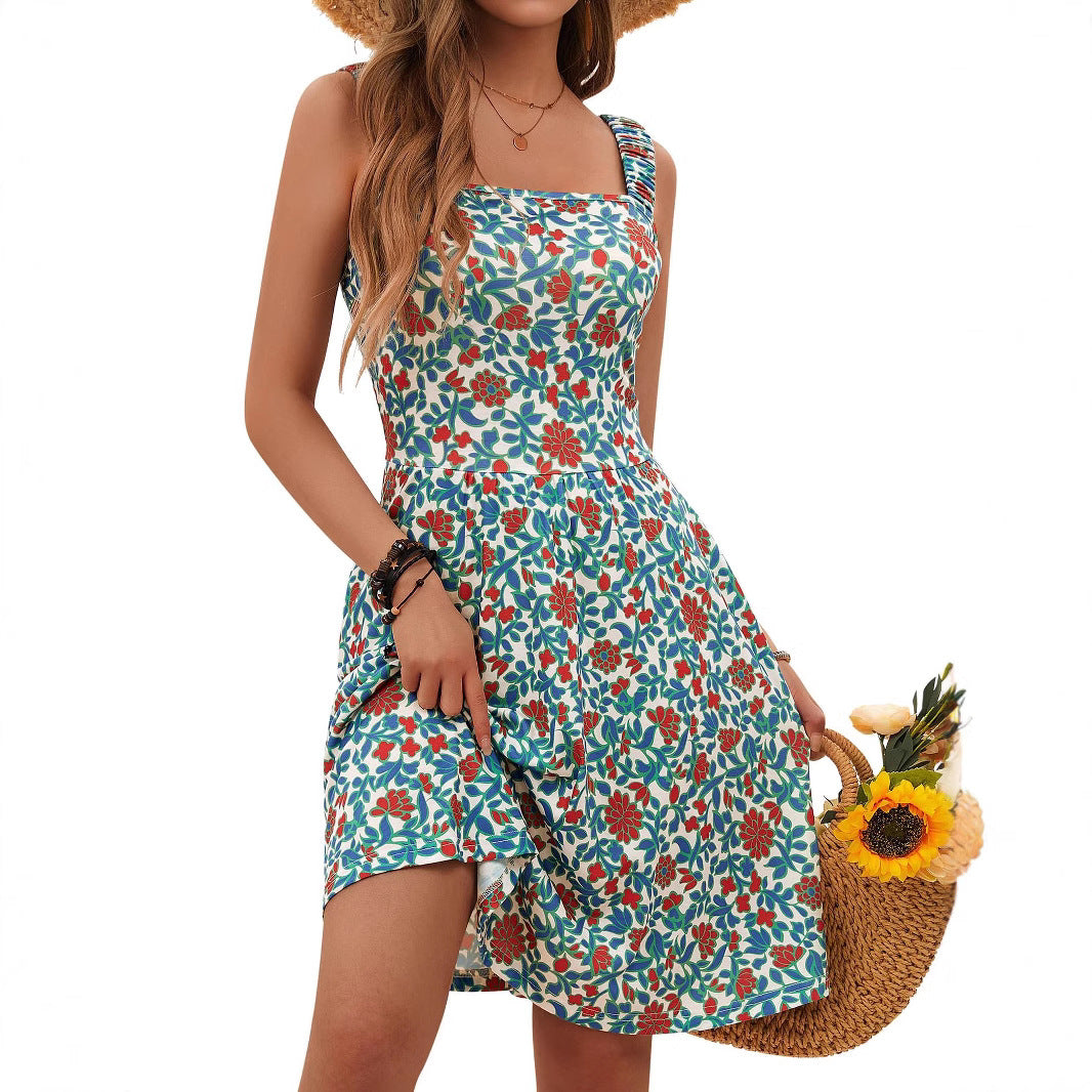 Women's Square Collar Pleated Sleeveless Floral Print Dresses