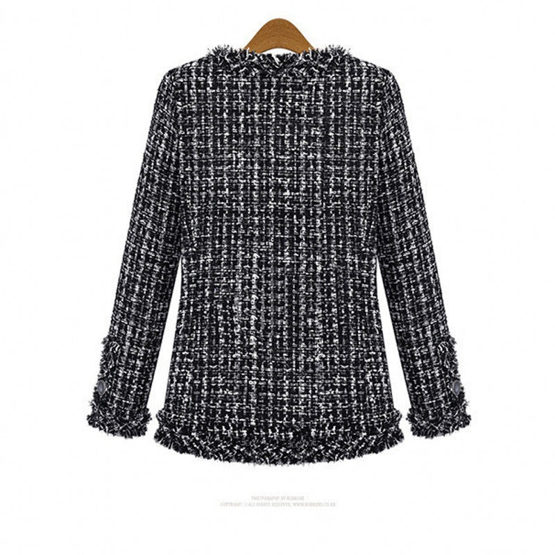 Women's Black White Lattice Pattern Tweed Coats
