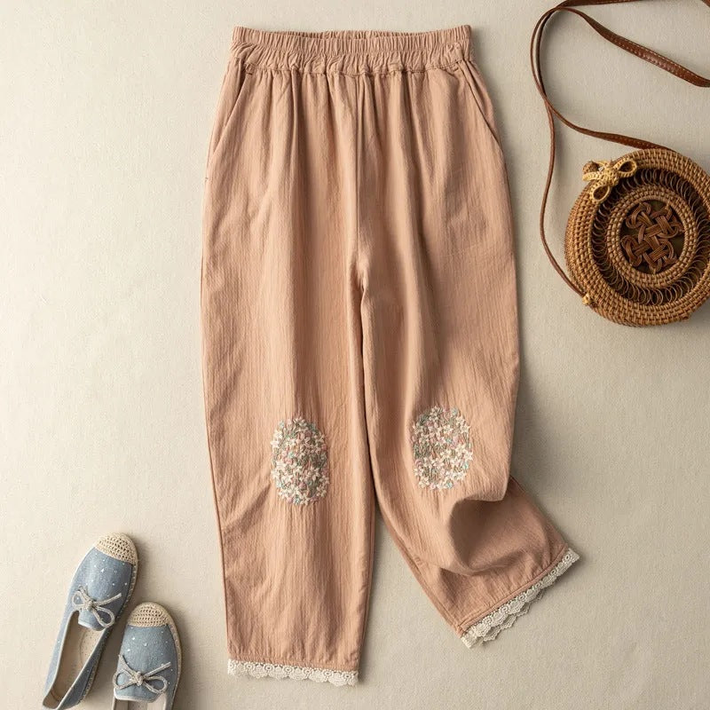 Women's Vintage Art Embroidery Cotton Linen Harem Summer Thin Pants