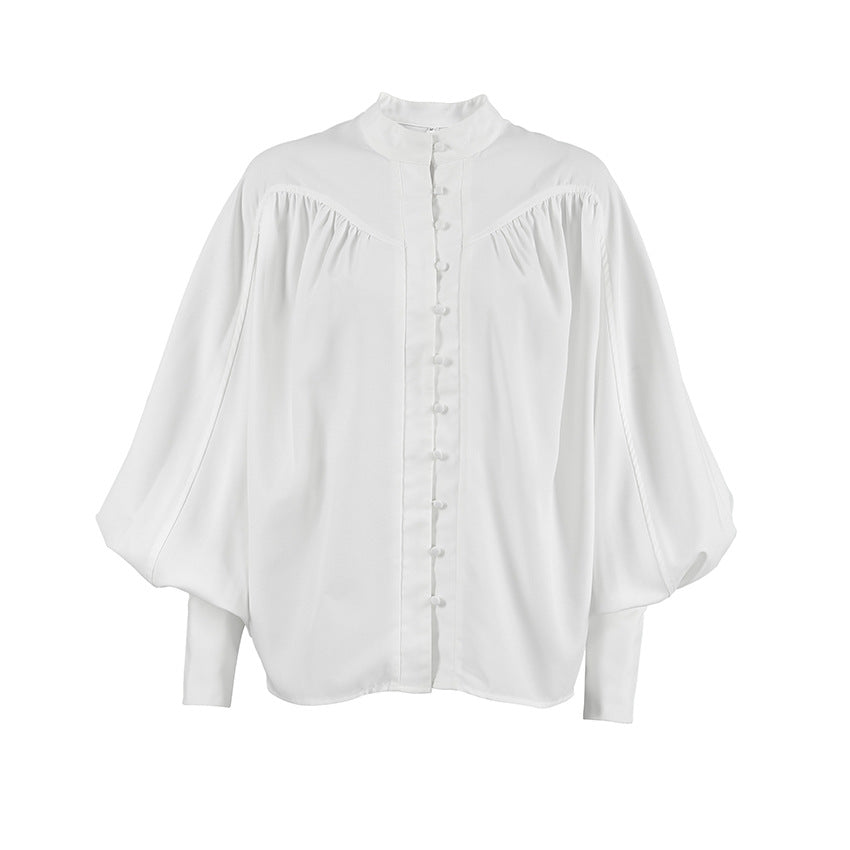 Women's French Fashion Elegant White Stand-up Collar Puff Sleeve Shirt Blouses
