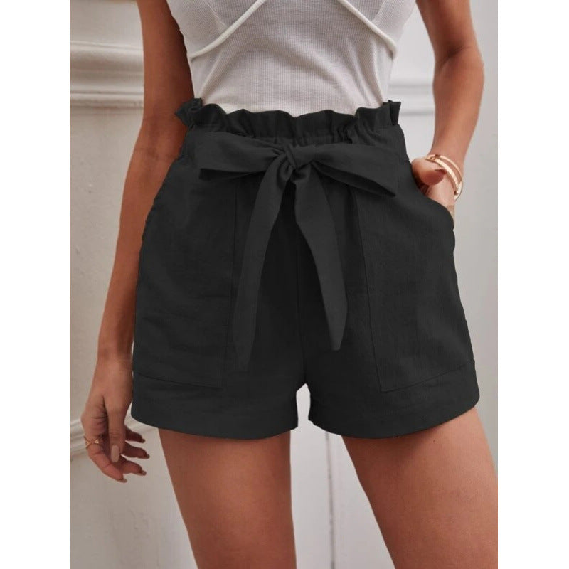 Women's Linen Leisure Pocket Solid Color Waist Shorts