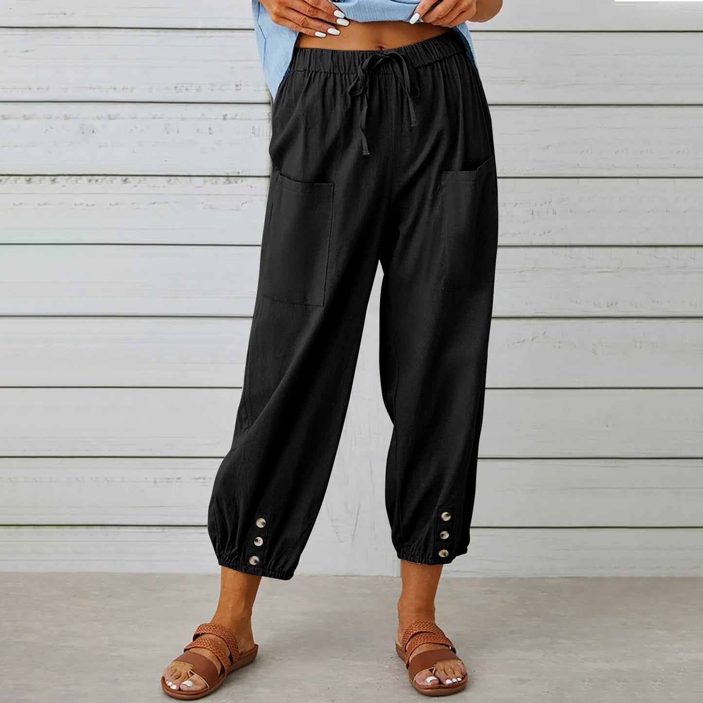 Women's High Waist Button Cotton Linen Trousers Pants