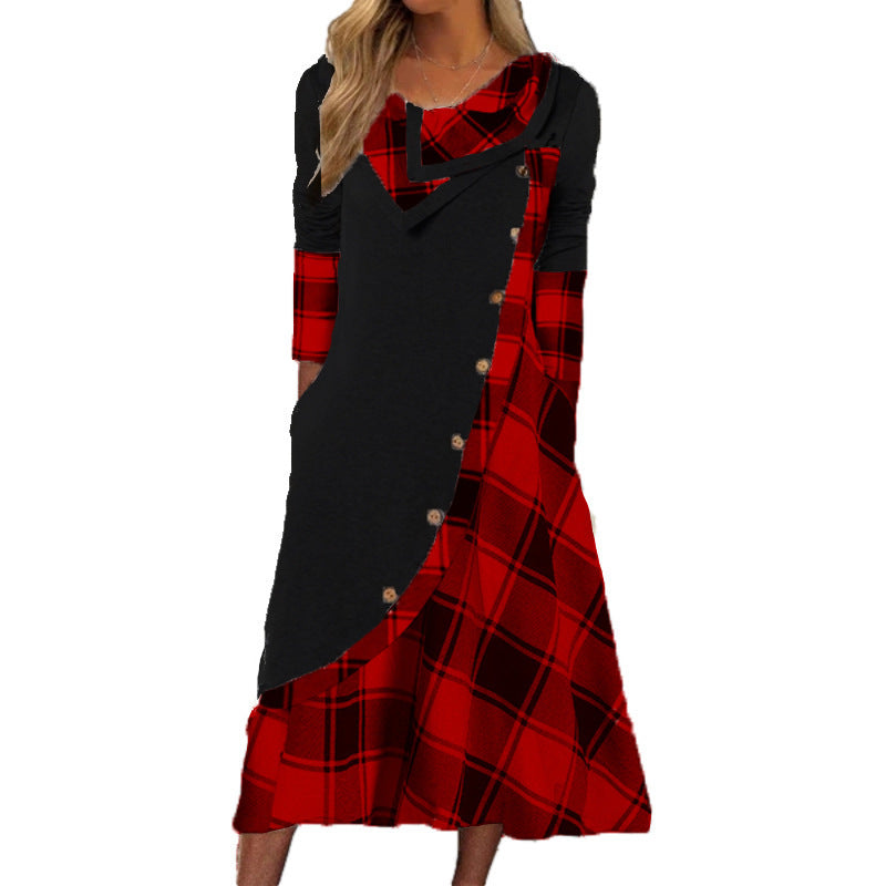 Women's Plaid Stitching With Pocket Pile Collar Dresses