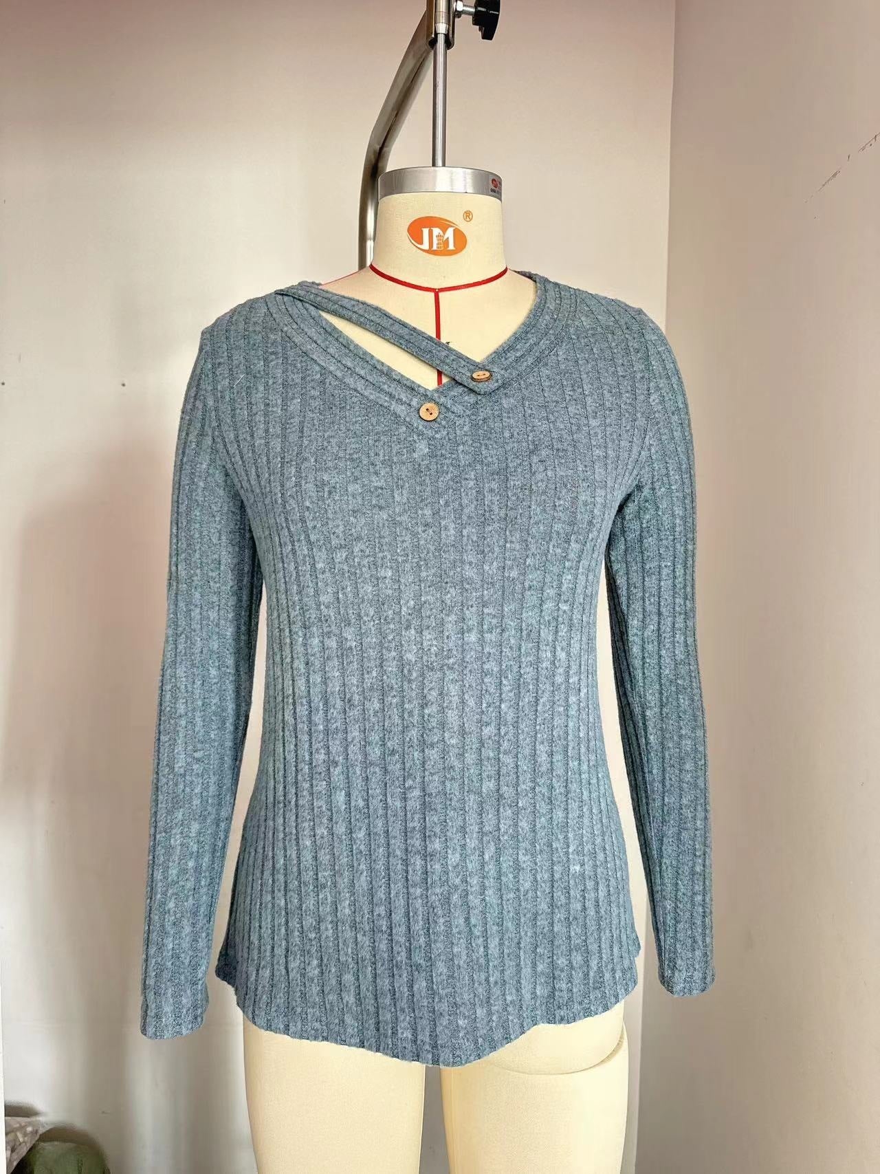 Women's Loose Casual Button Sunken Stripe T-shirt Blouses